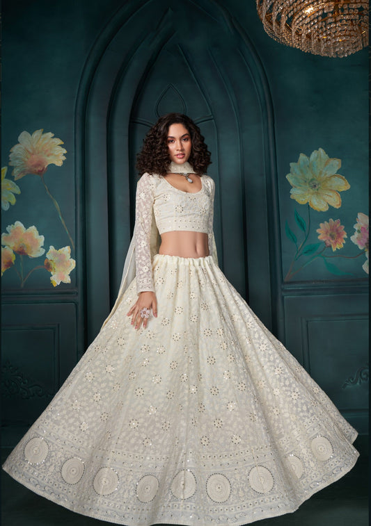 Off White Sequins & Cording Embroidered Georgette Wedding Guest Lehenga