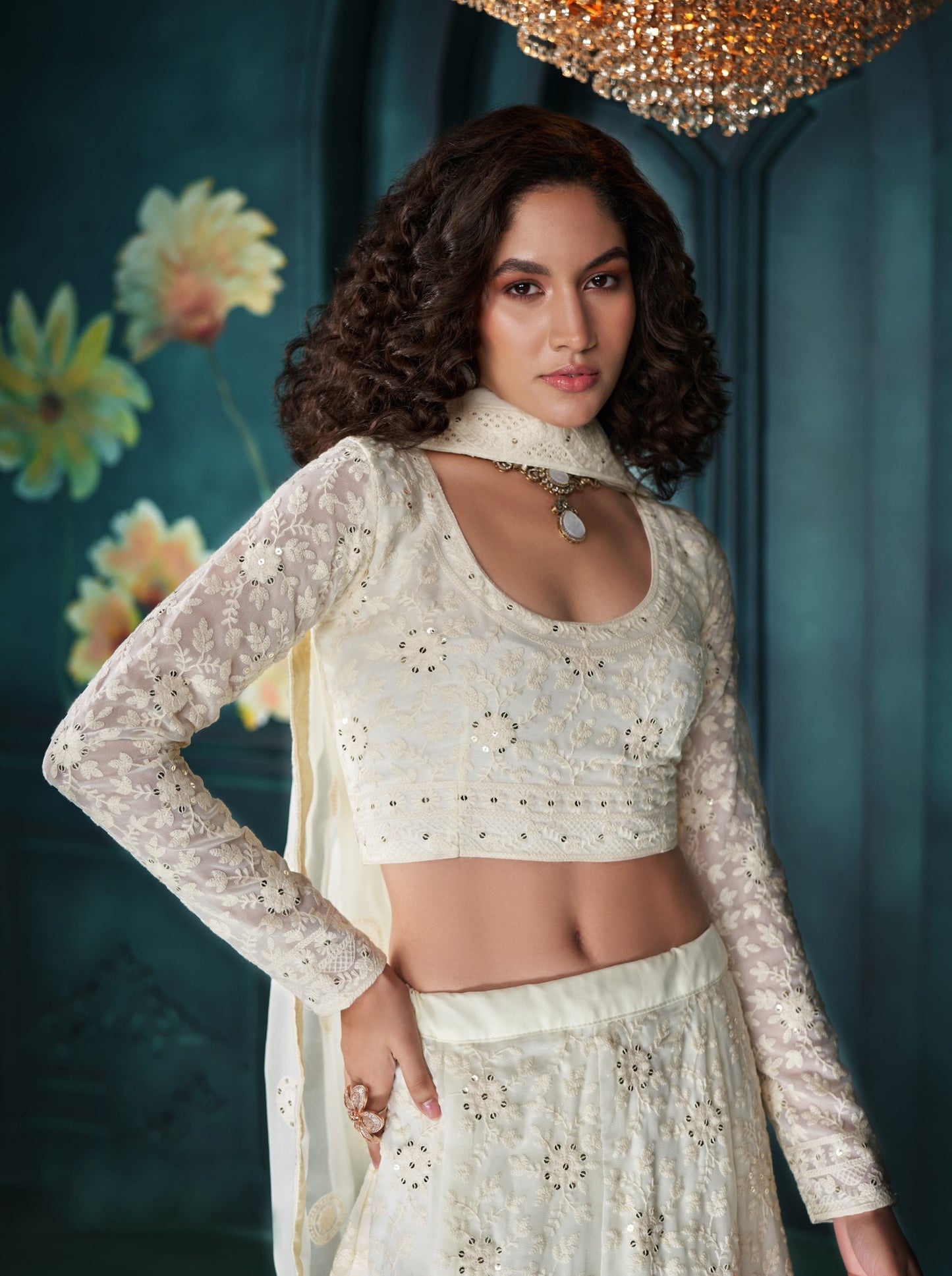 Off White Sequins & Cording Embroidered Georgette Wedding Guest Lehenga