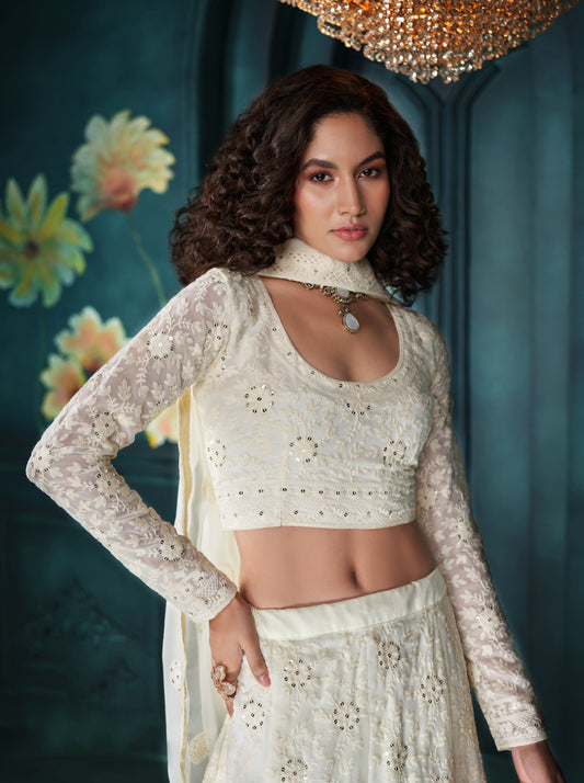 Off White Sequins & Cording Embroidered Georgette Wedding Guest Lehenga
