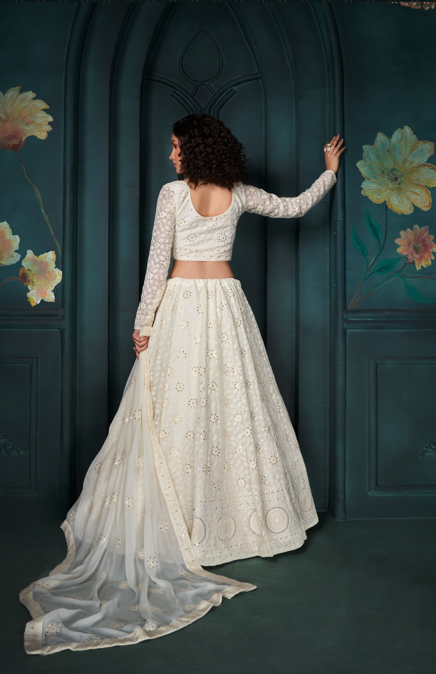 Off White Sequins & Cording Embroidered Georgette Wedding Guest Lehenga