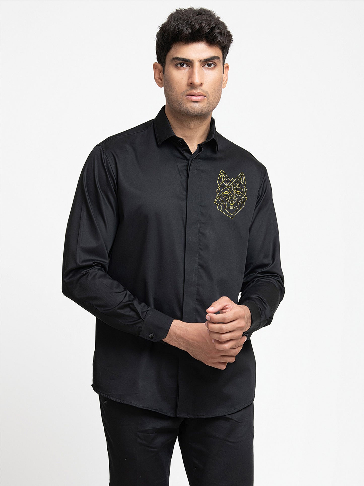 Black Cotton satin Petro wolf Shirt