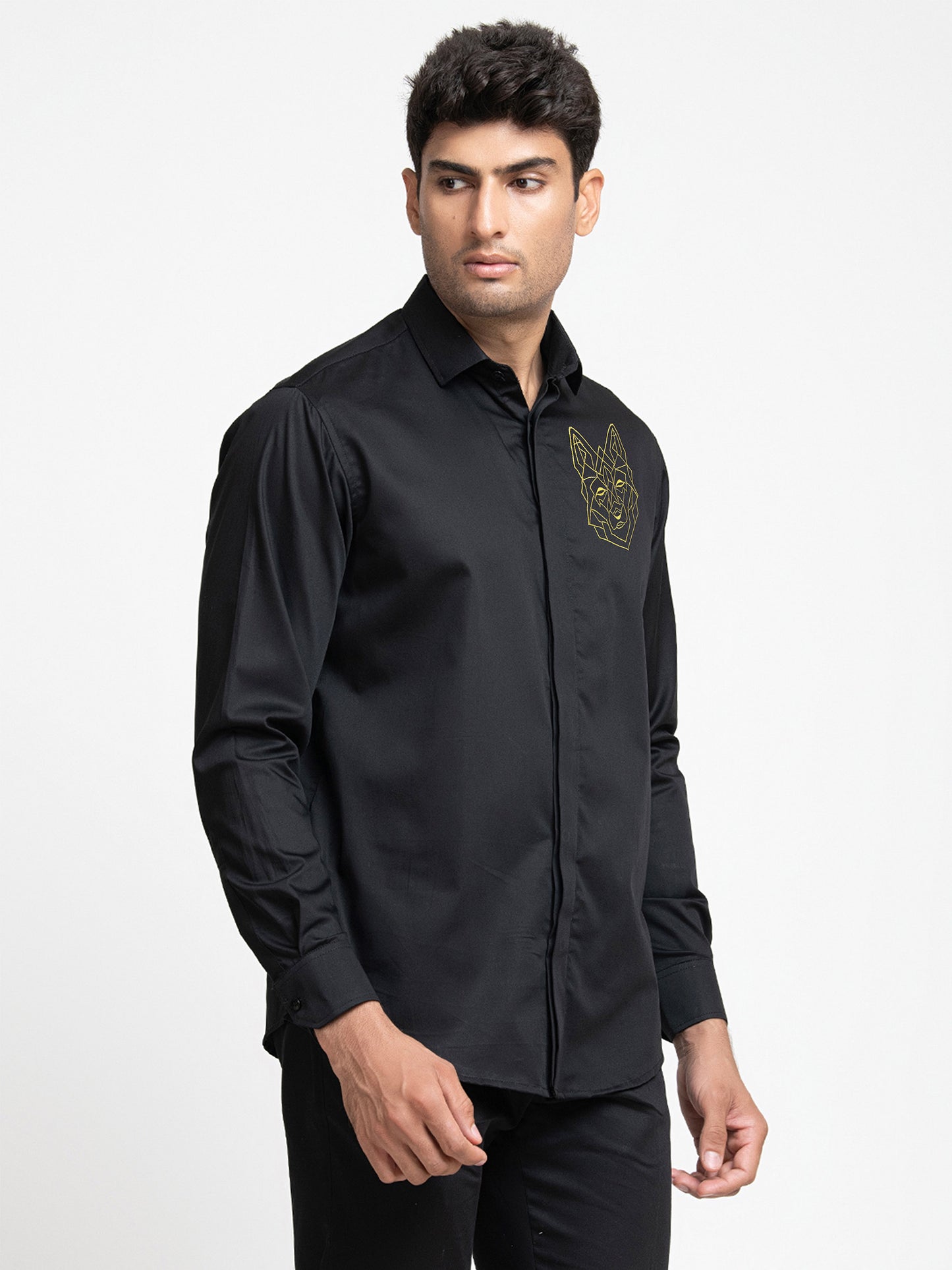 Black Cotton satin Petro wolf Shirt