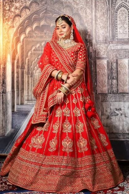 Red Color Zardozi Raw Silk Bridal LehengaRed Color Zardozi Raw Silk Bridal Lehenga