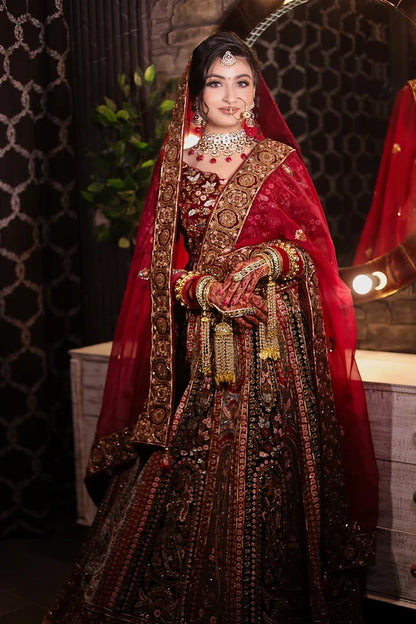 Red Velvet Bridal Lehenga With Hand Embroidery
