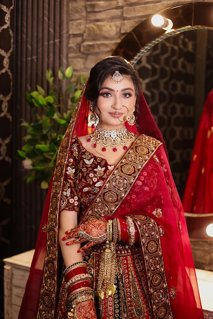 Red Velvet Bridal Lehenga With Hand Embroidery