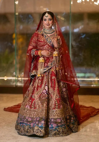 Crimson Red Hand Embroidered Soft Net Bridal Lehenga Set
