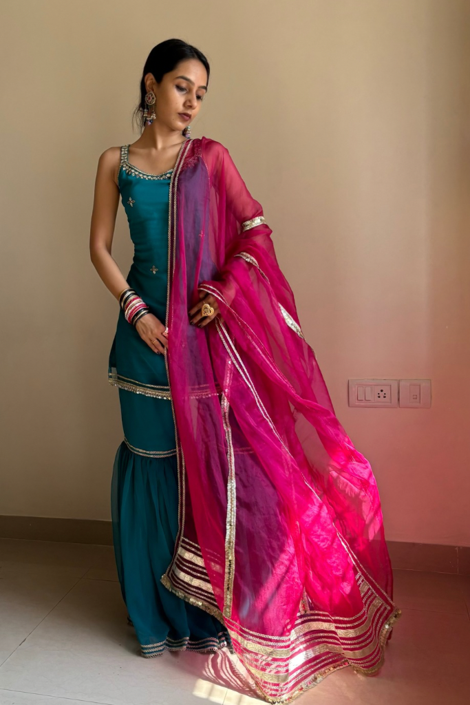 Gazal Blue Georgette Gota Work Festive Sharara Set