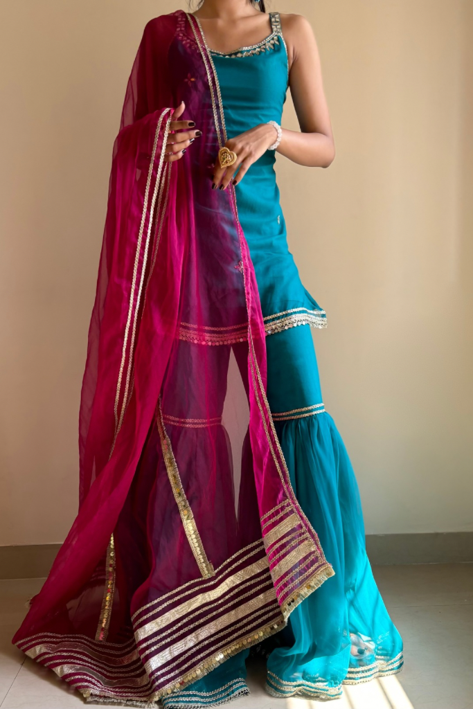 Gazal Blue Georgette Gota Work Festive Sharara Set