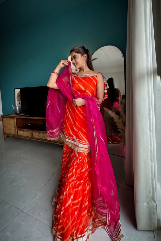 Husna Orange Mirror Work Chiffon Lehariya Sharara Set