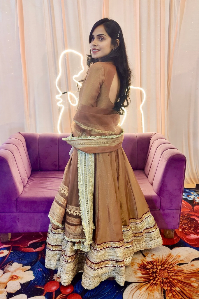 Meraki Brown Cut dana, Sequins Work Tissue Lehenga Set