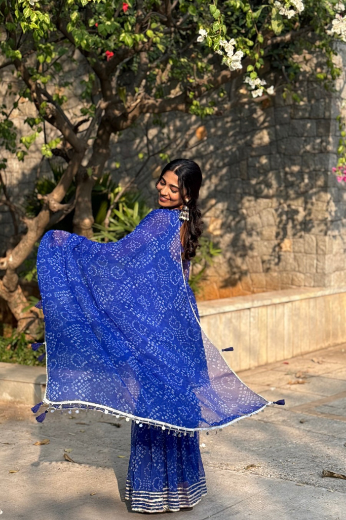 Swathi Blue Chiffon Bandhani Festive Sharara Set