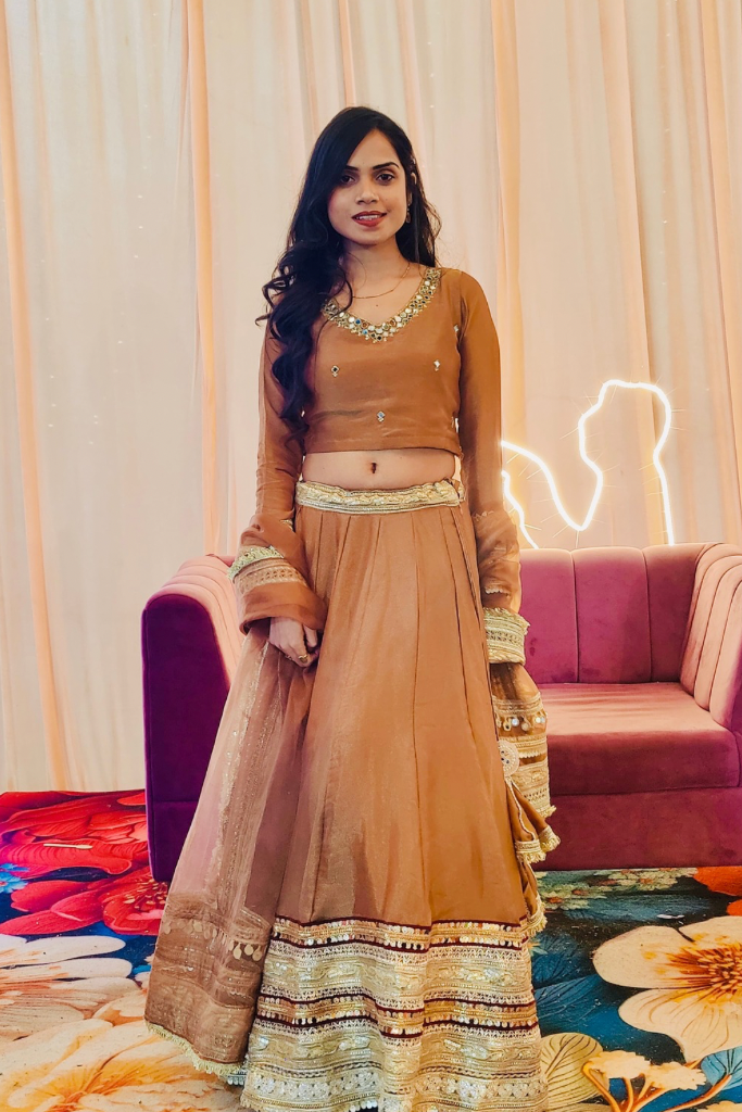 Meraki Brown Cut dana, Sequins Work Tissue Lehenga Set