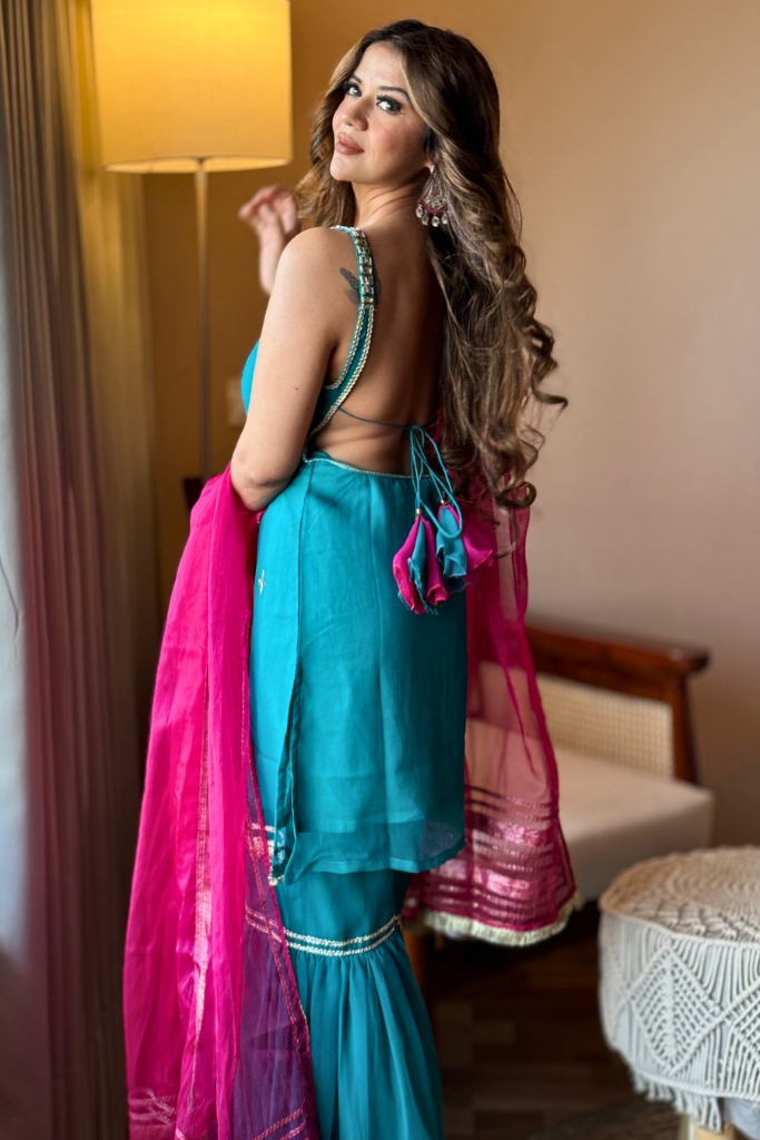 Gazal Blue Georgette Gota Work Festive Sharara Set