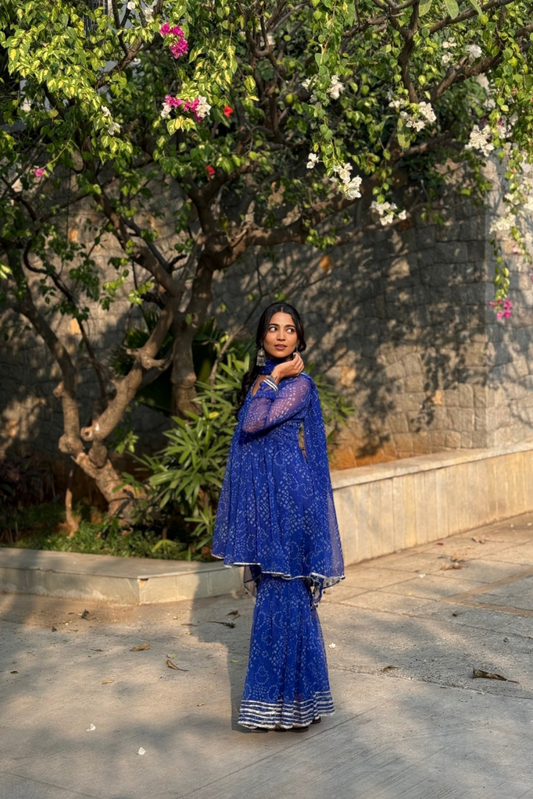 Swathi Blue Chiffon Bandhani Festive Sharara Set