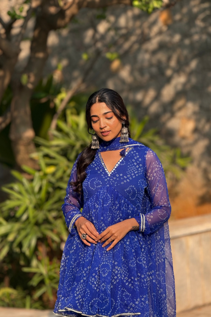 Swathi Blue Chiffon Bandhani Festive Sharara Set