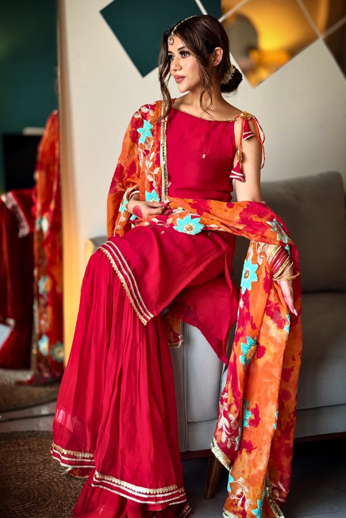 Mitwa Red Organza Sequins Hand Work Festive Sharara Set