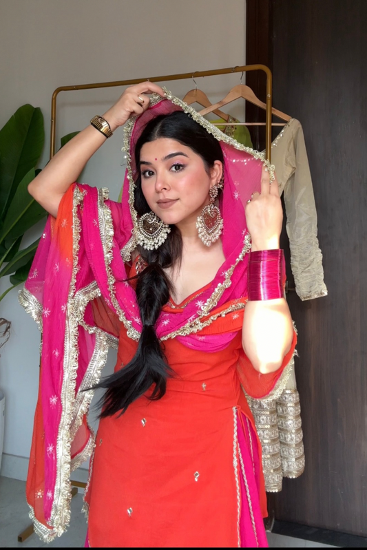 Madhuri Pink & Orange Chinnon Mirror & Zari Handwork Skirt Set