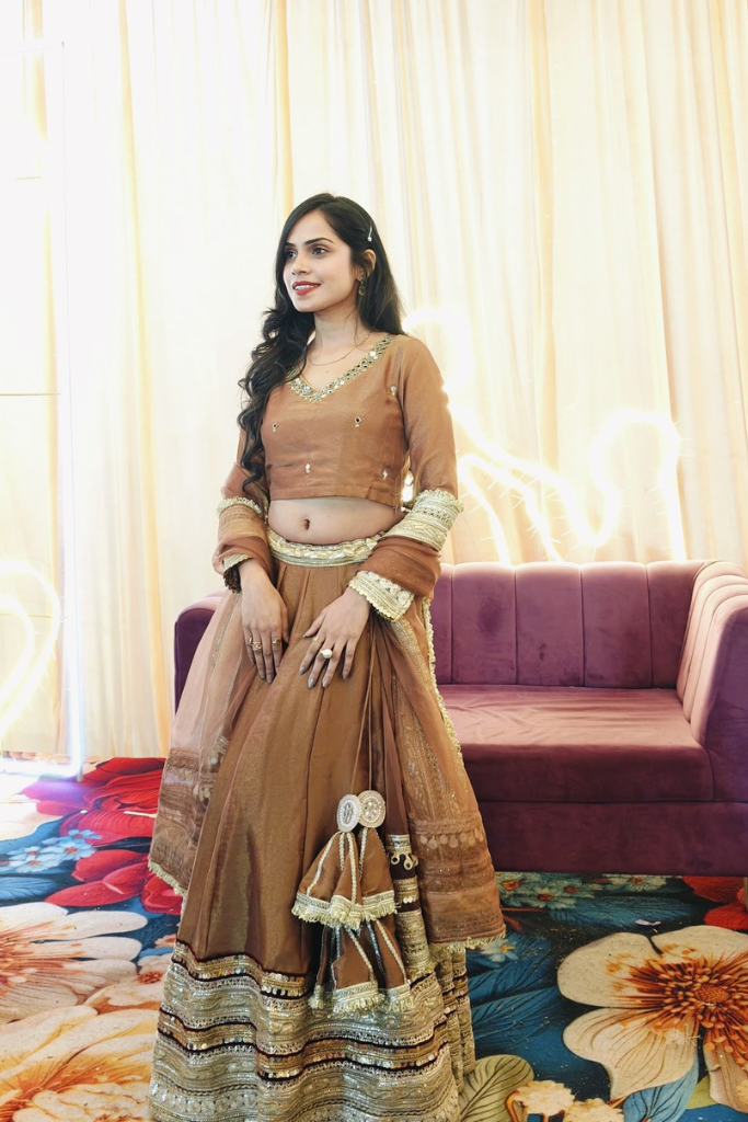 Meraki Brown Cut dana, Sequins Work Tissue Lehenga Set