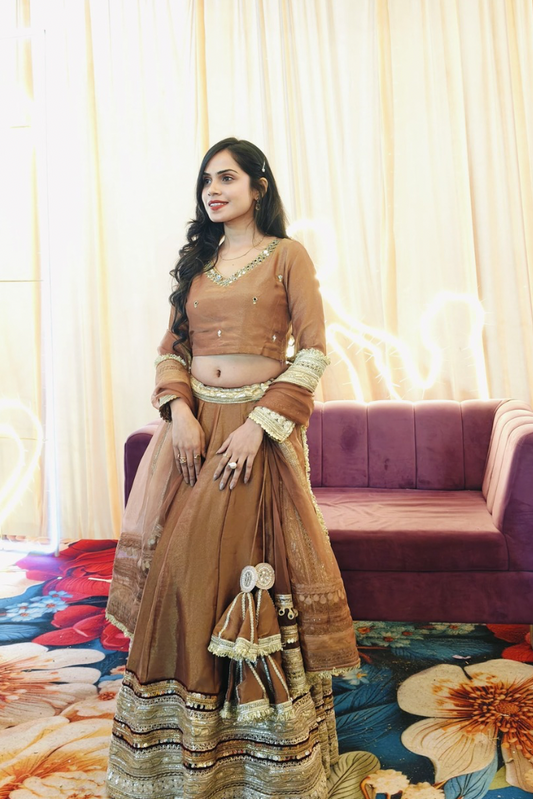Meraki Brown Cut dana, Sequins Work Tissue Lehenga Set