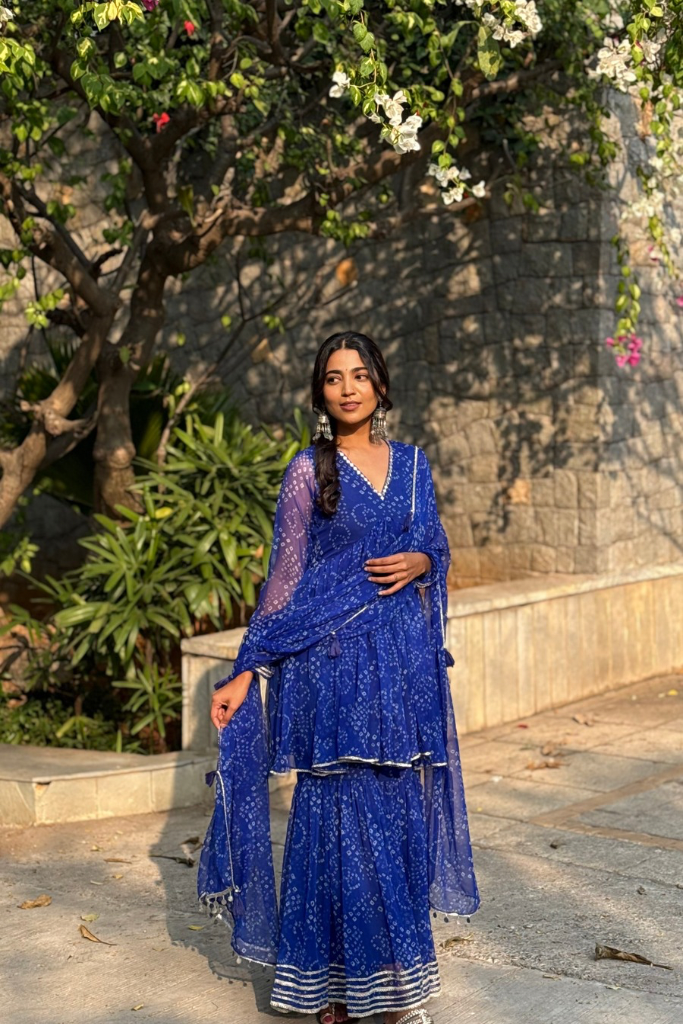 Swathi Blue Chiffon Bandhani Festive Sharara Set
