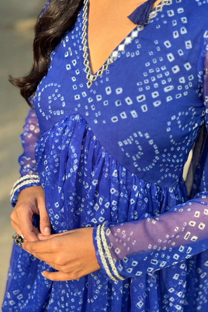 Swathi Blue Chiffon Bandhani Festive Sharara Set