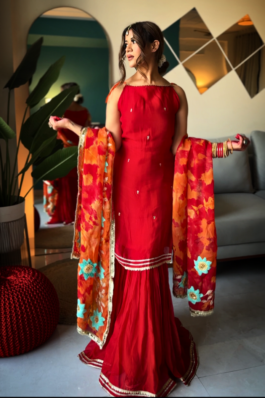 Mitwa Red Organza Sequins Hand Work Festive Sharara Set
