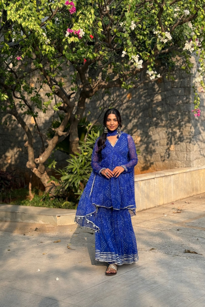 Swathi Blue Chiffon Bandhani Festive Sharara Set