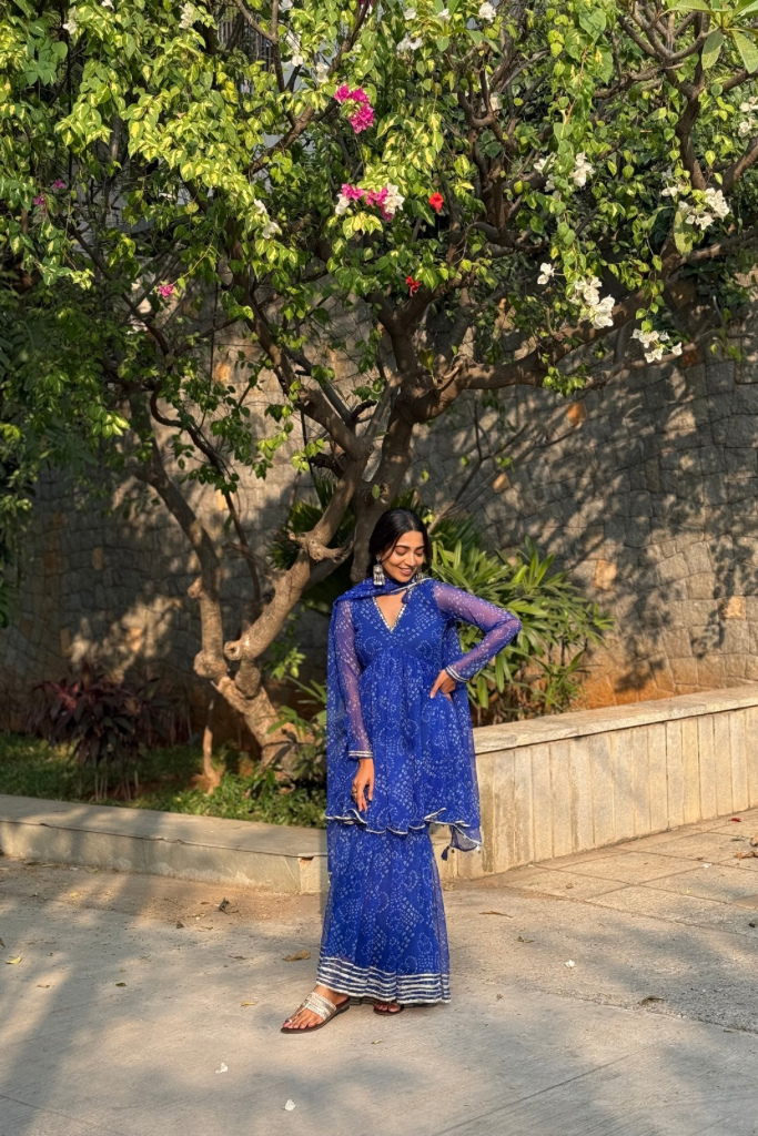 Swathi Blue Chiffon Bandhani Festive Sharara Set