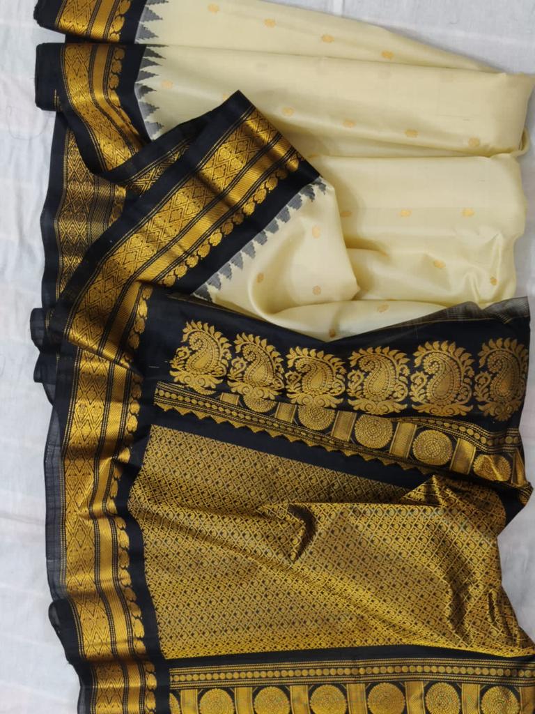 Exclusive Gadwal Silk Saree in Off White, Zed Black and Golden Zari Work