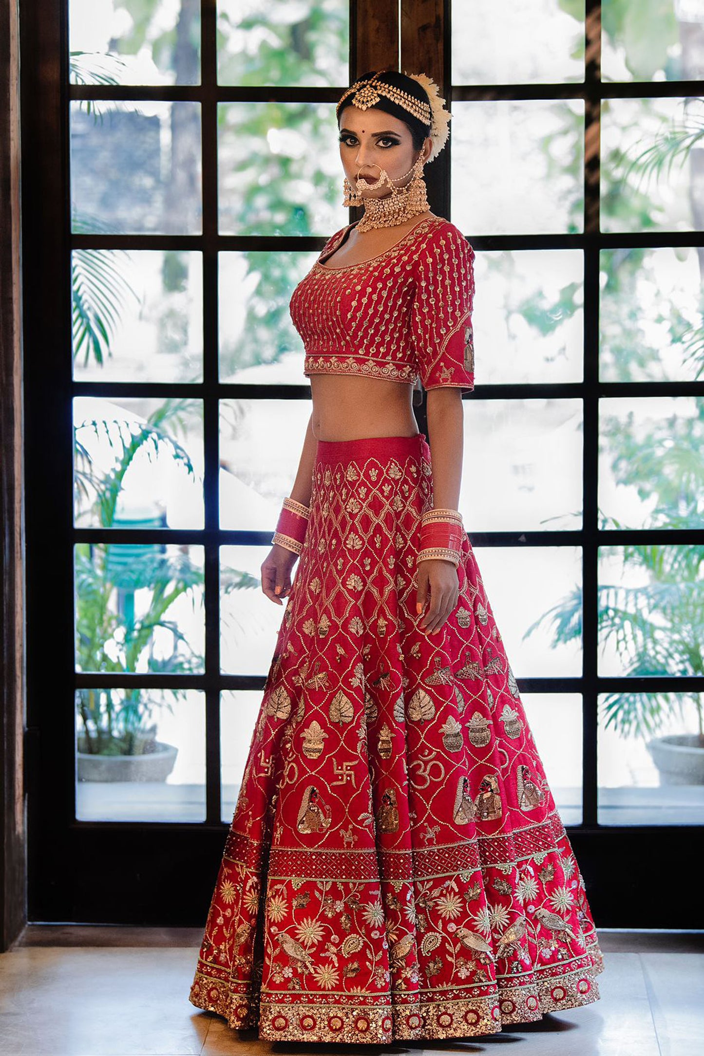 Red Pure Raw Silk Hand Embroidery Lehenga With Tulle Dupatta