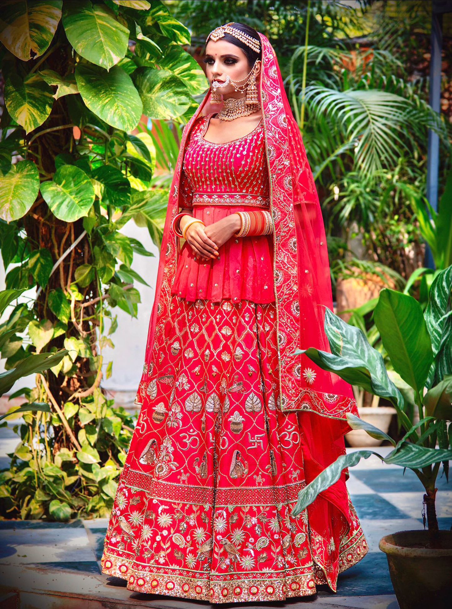 Red Pure Raw Silk Hand Embroidery Lehenga With Tulle Dupatta