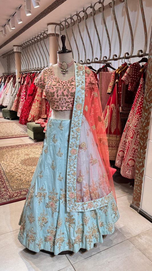 Pink and Green Motifs & Zari Work Engagement Lehenga