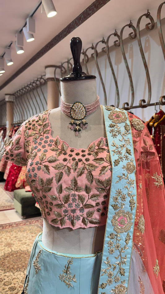 Pink and Green Motifs & Zari Work Engagement Lehenga