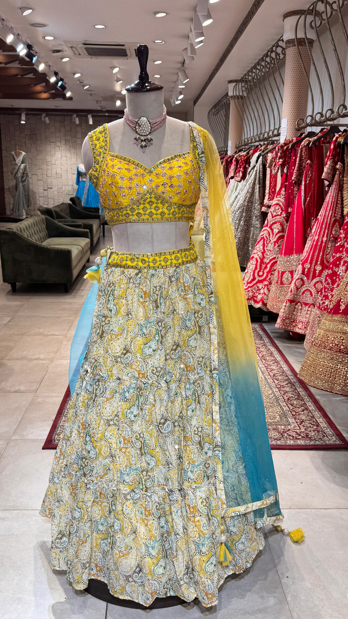 Yellow Thread & Mirror Embroidery Paisley Lehenga for Haldi