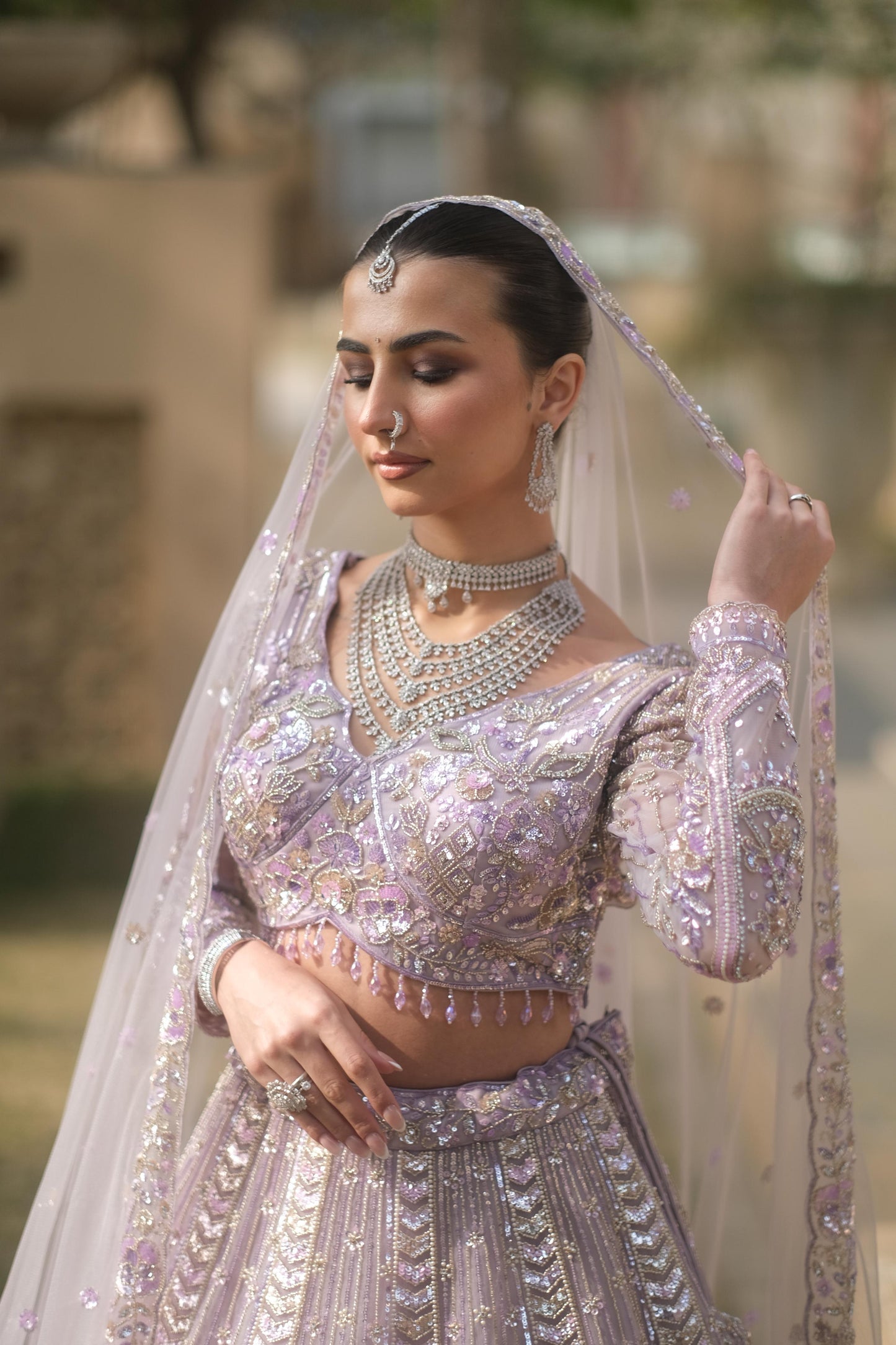 Lilac Floral Embroidered Net Bridal Lehenga