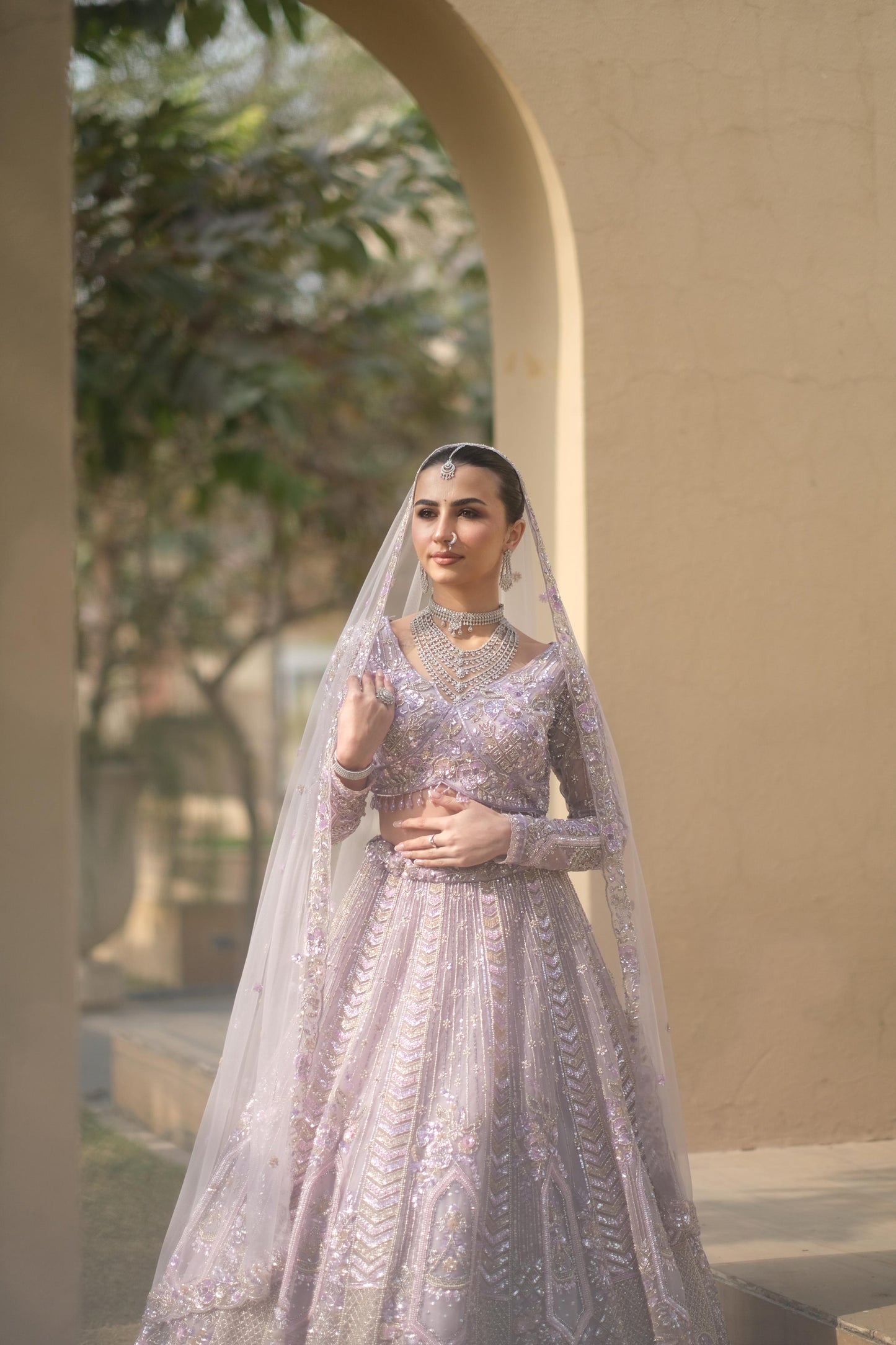 Lilac Floral Embroidered Net Bridal Lehenga
