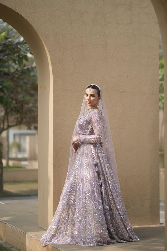 Lilac Floral Embroidered Net Bridal Lehenga