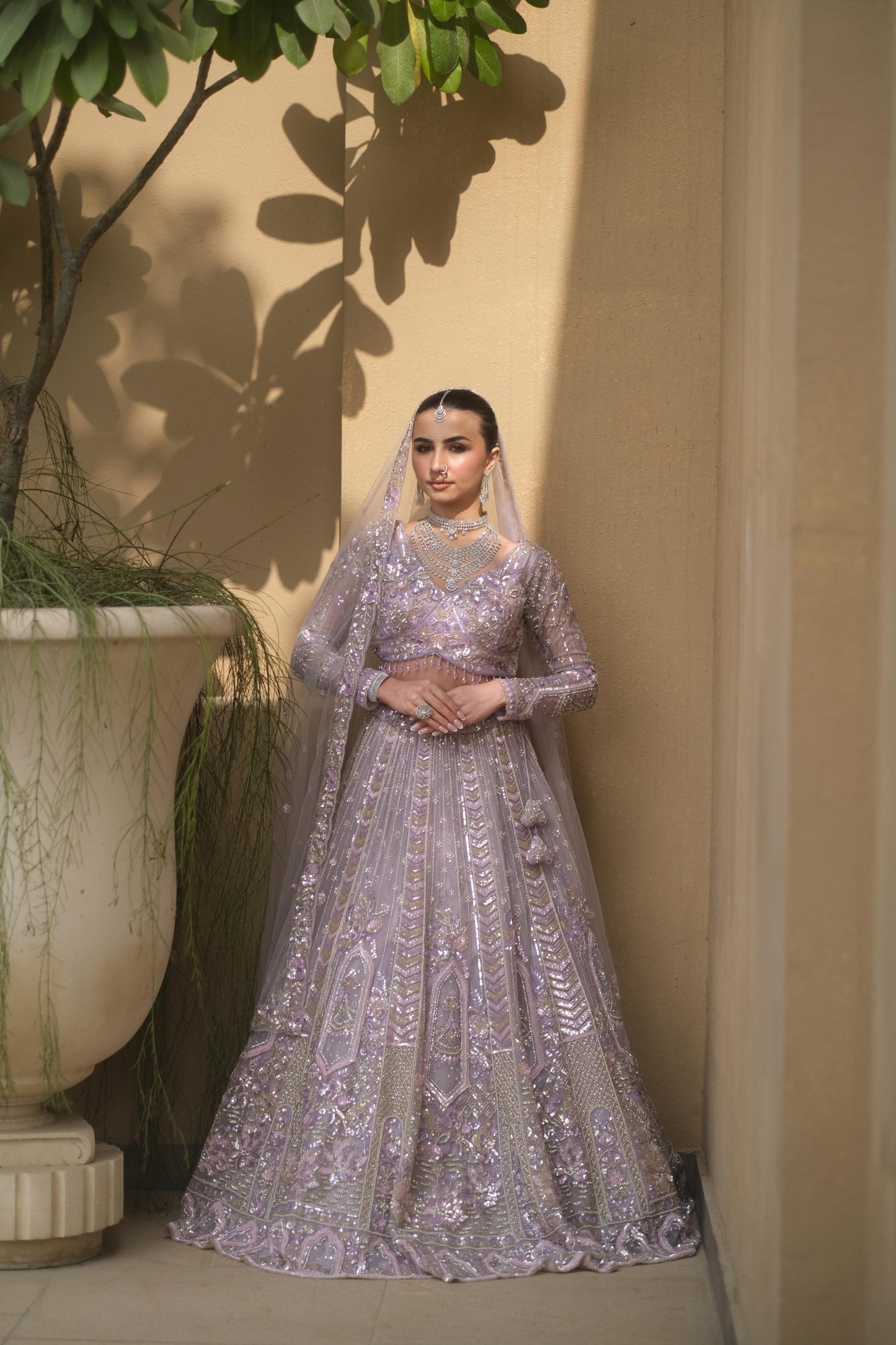 Lilac Floral Embroidered Net Bridal Lehenga