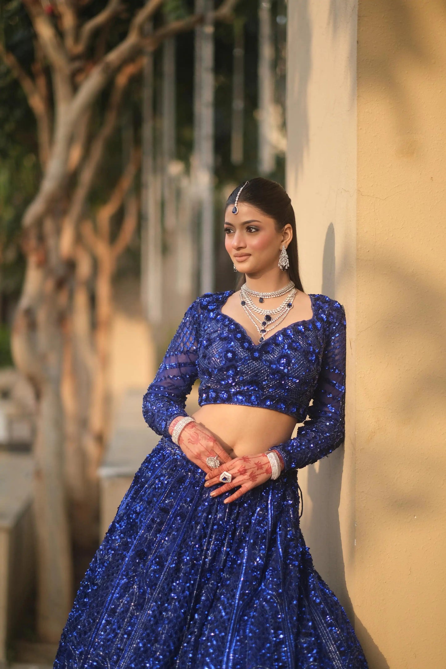 Royal Blue Net with Floral Embellishments Wedding Lehenga for Sangeet