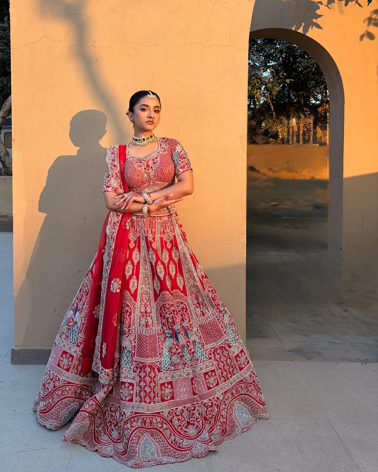 Red Silk With Peacock Motifs Bridal Lehenga
