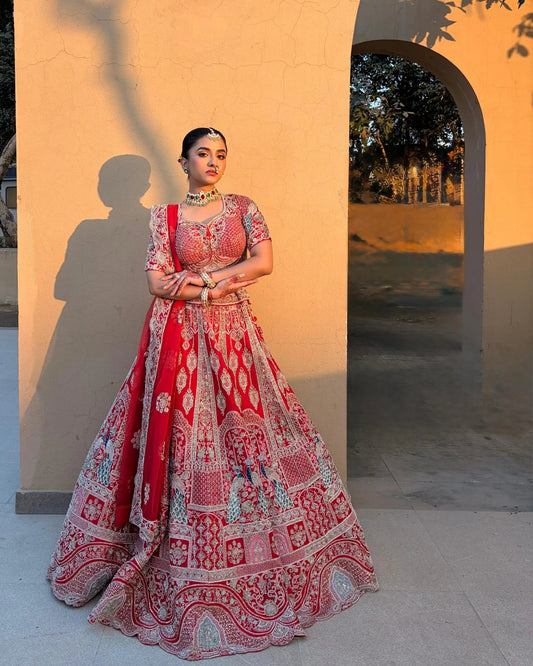 Red Silk With Peacock Motifs Bridal Lehenga