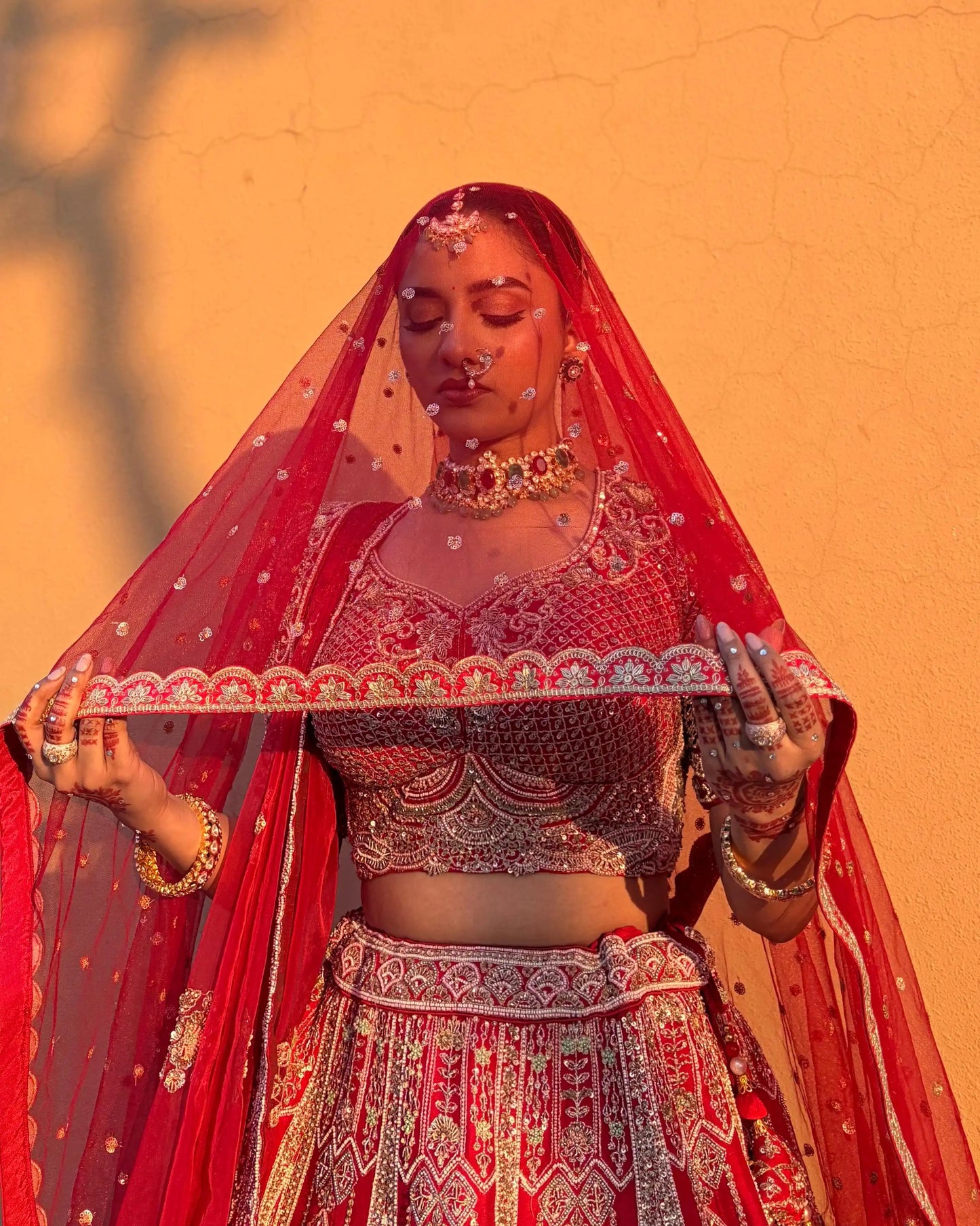 Red Silk With Peacock Motifs Bridal Lehenga