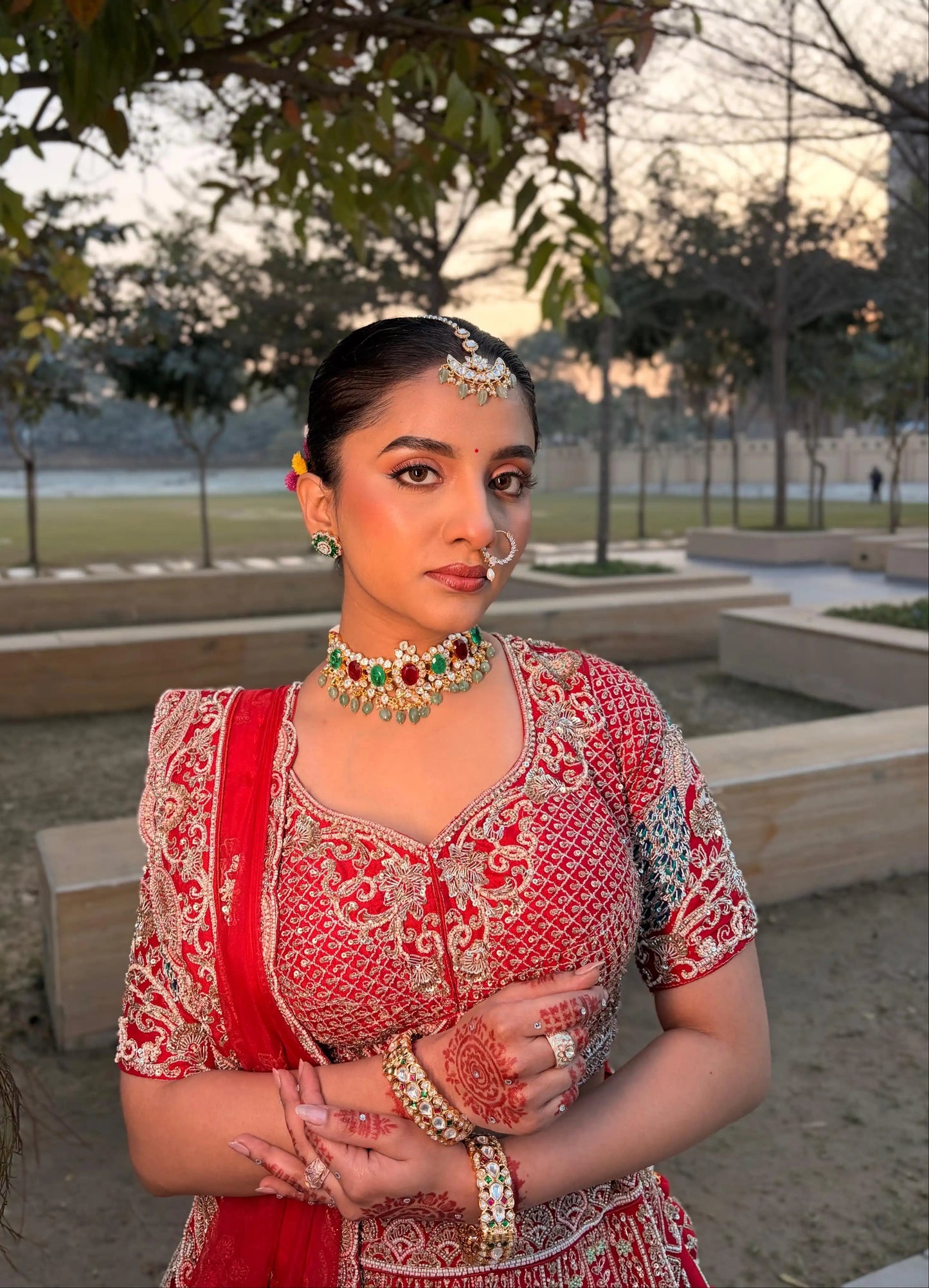 Red Silk With Peacock Motifs Bridal Lehenga
