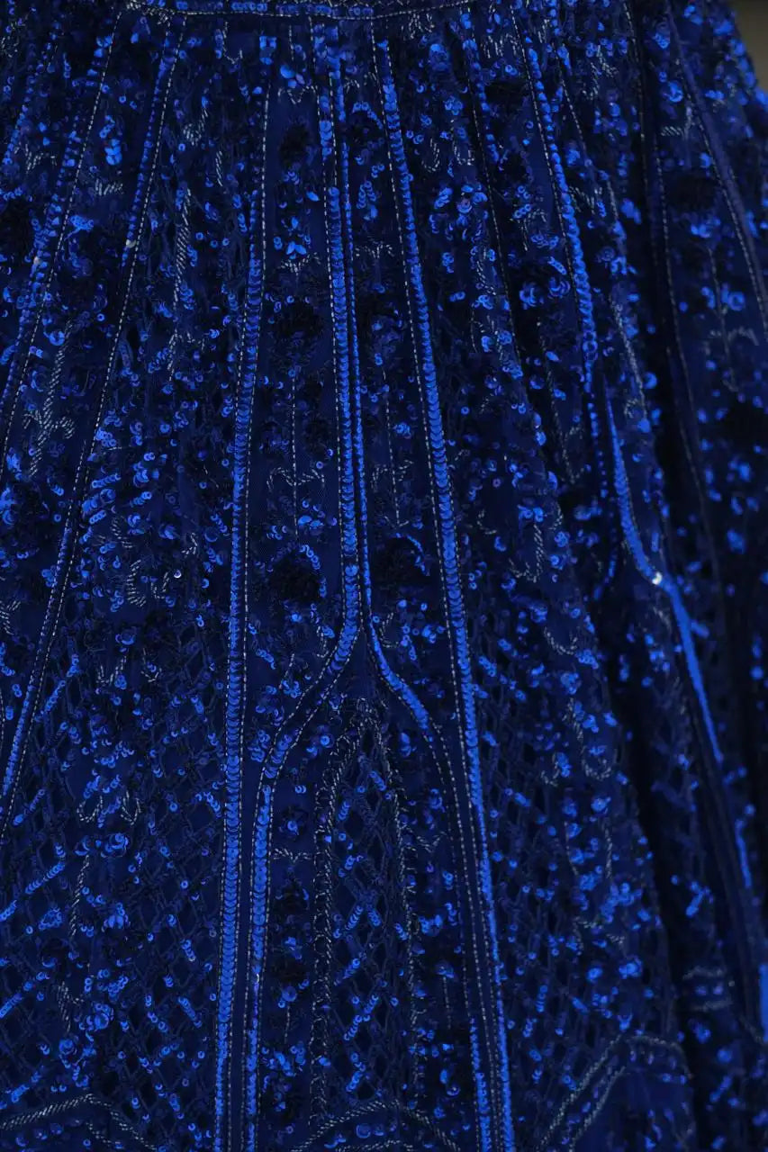 Royal Blue Net with Floral Embellishments Wedding Lehenga for Sangeet
