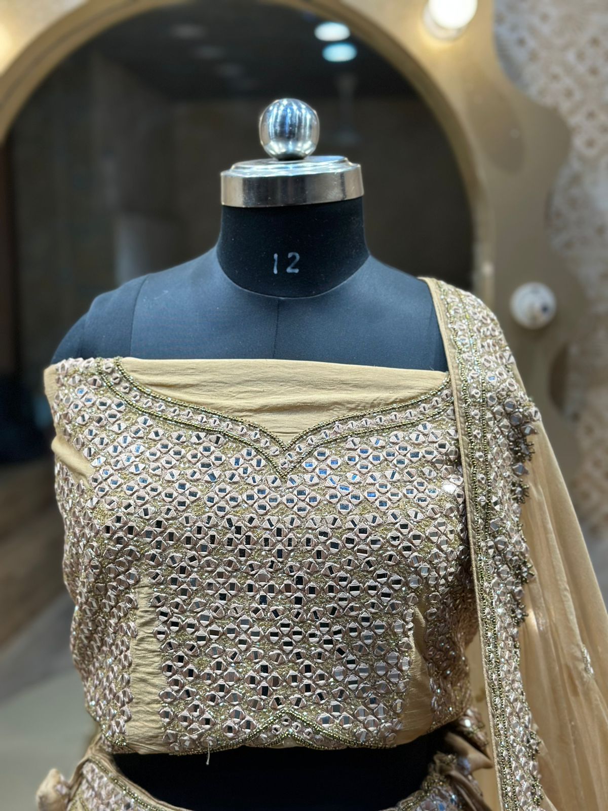 Wheat Golden Mirror and Pearl work Hand Embroidered Raw Silk Bridal Lehenga