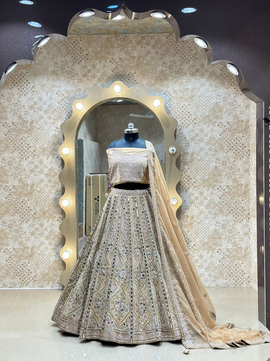 Wheat Golden Mirror and Pearl work Hand Embroidered Raw Silk Bridal Lehenga