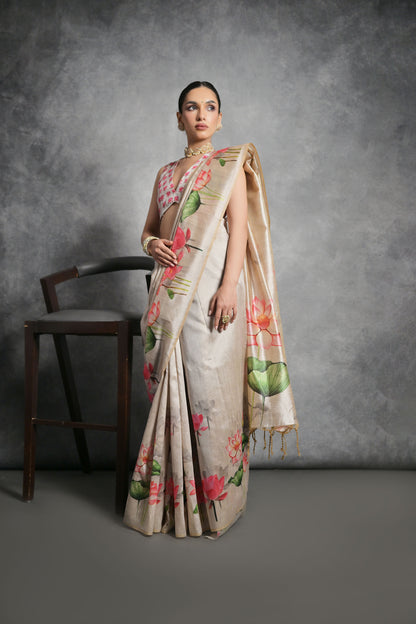 Cream Yogita Lotus Soft Tussar Silk Zari Saree