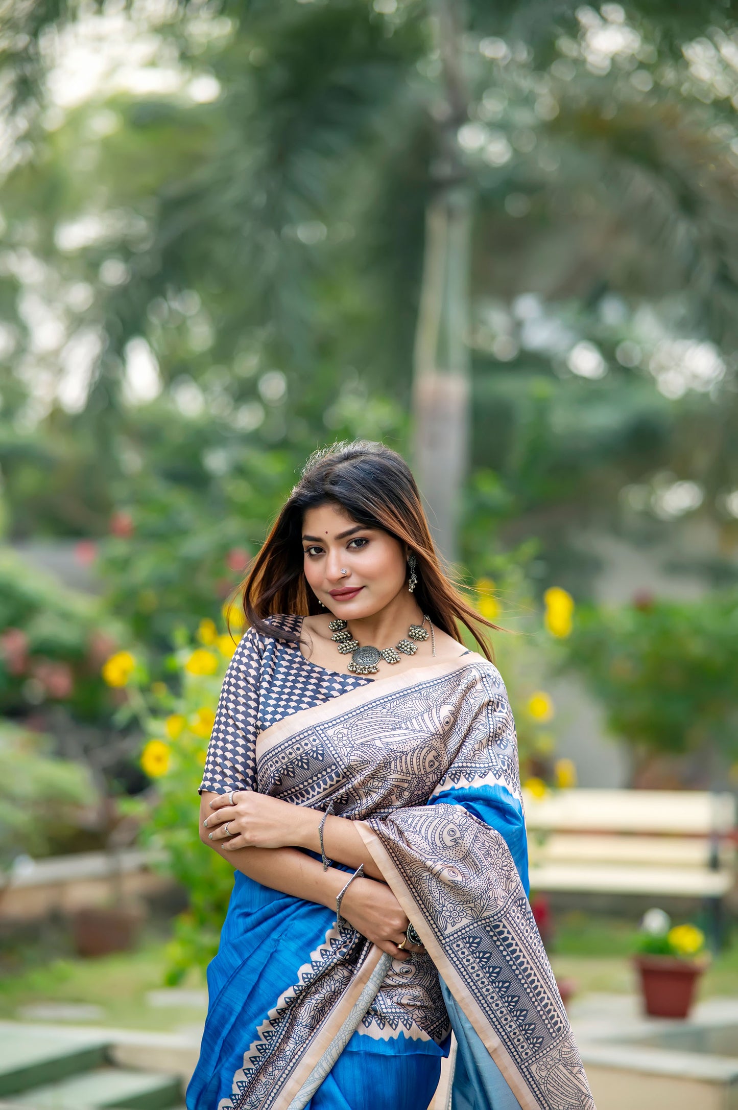 Yogita Blue Soft Tussar Silk Madhubani printed Saree