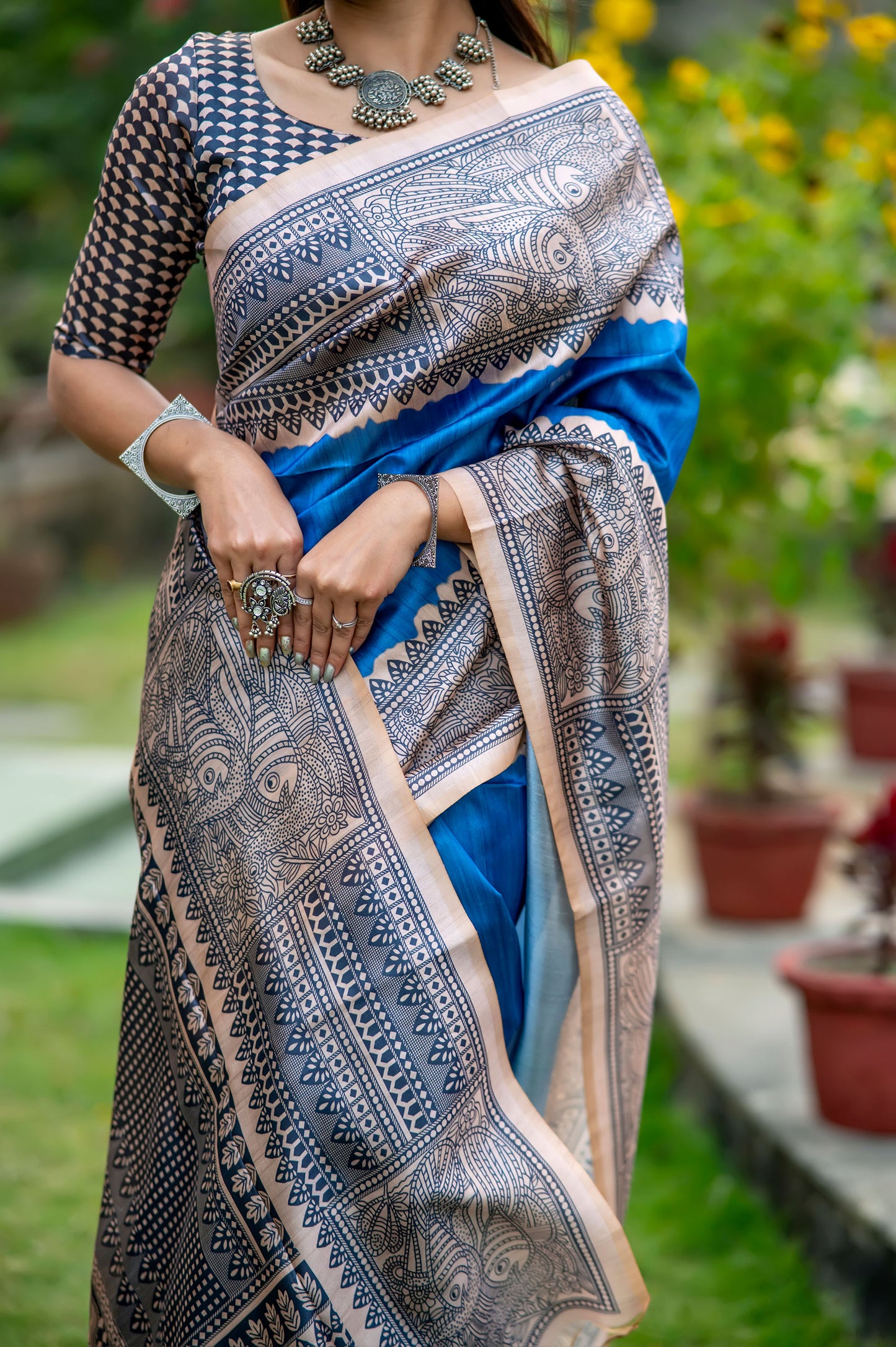Yogita Blue Soft Tussar Silk Madhubani printed Saree