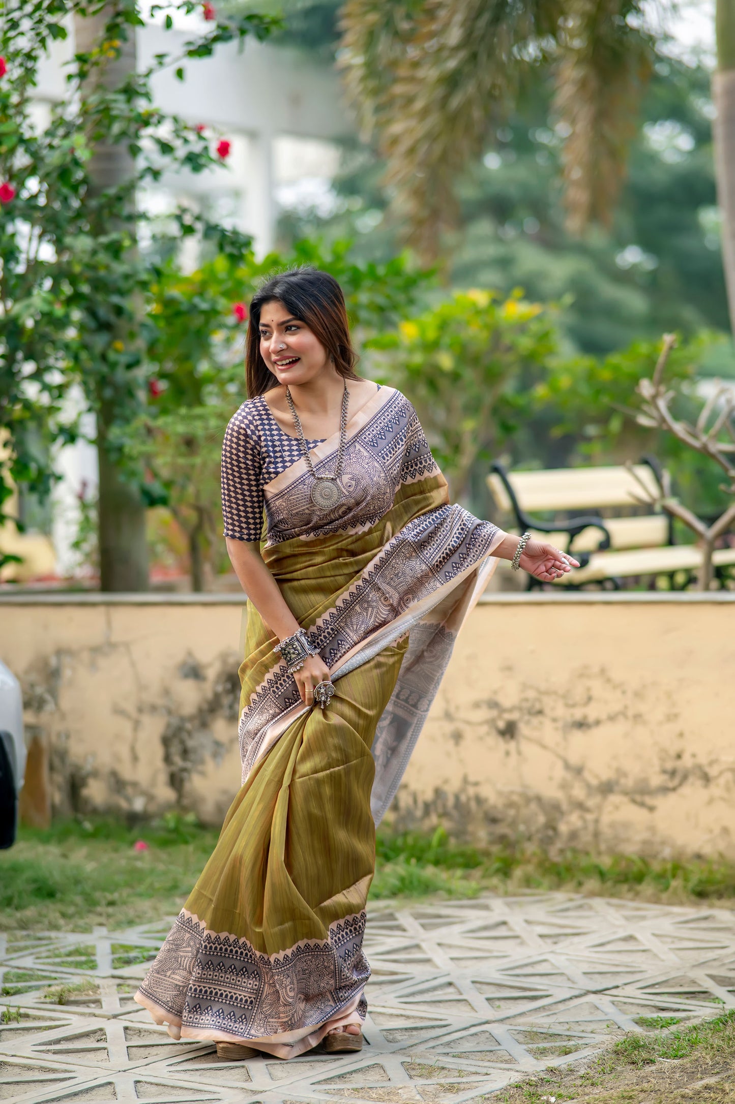 Yogita Mahendi Soft Tussar Silk Madhubani printed Saree